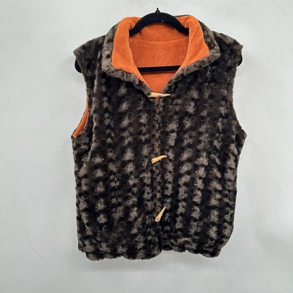 FAUX Fur reversable woman button brown-orange boho gorpcore vest MEDIUM - Picture 1 of 14
